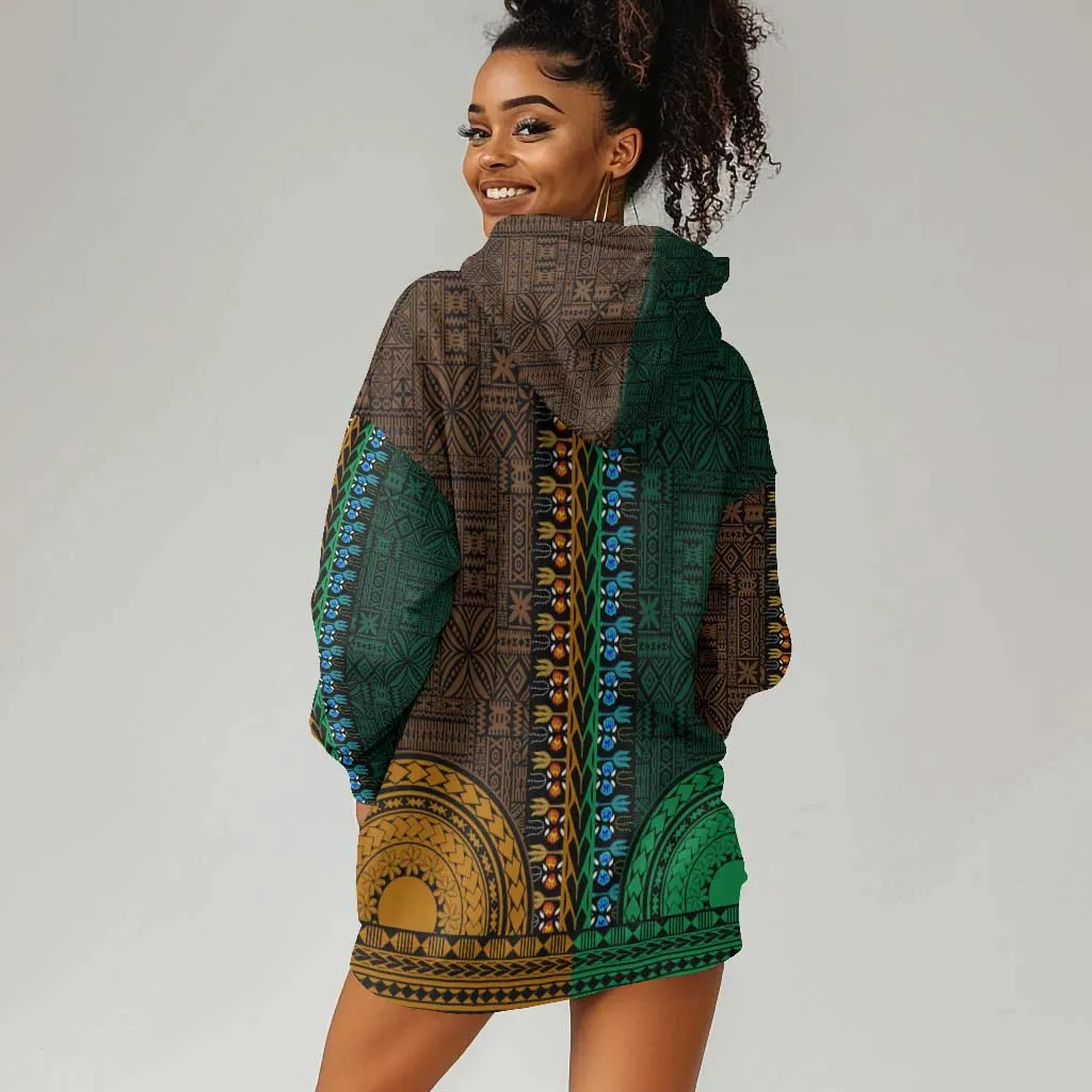 Green-gold Dashiki and Tapa Pattern Hoodie Dress Africa-Polynesia Together Culture LT9