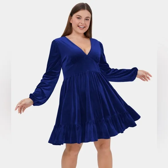 HALARA Everyday Deep V Neck Ruffled Hem Velvet Plus Size Mini Chill Dress