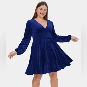 HALARA Everyday Deep V Neck Ruffled Hem Velvet Plus Size Mini Chill Dress