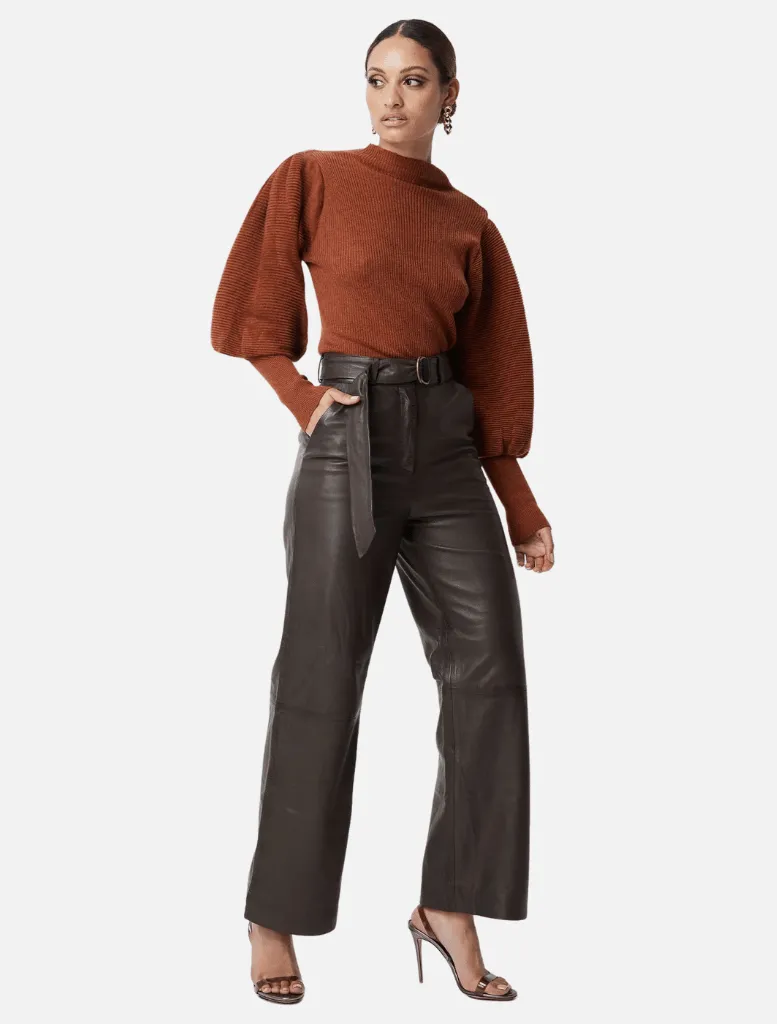 Halston Leather Wide Leg Pant - Chocolate