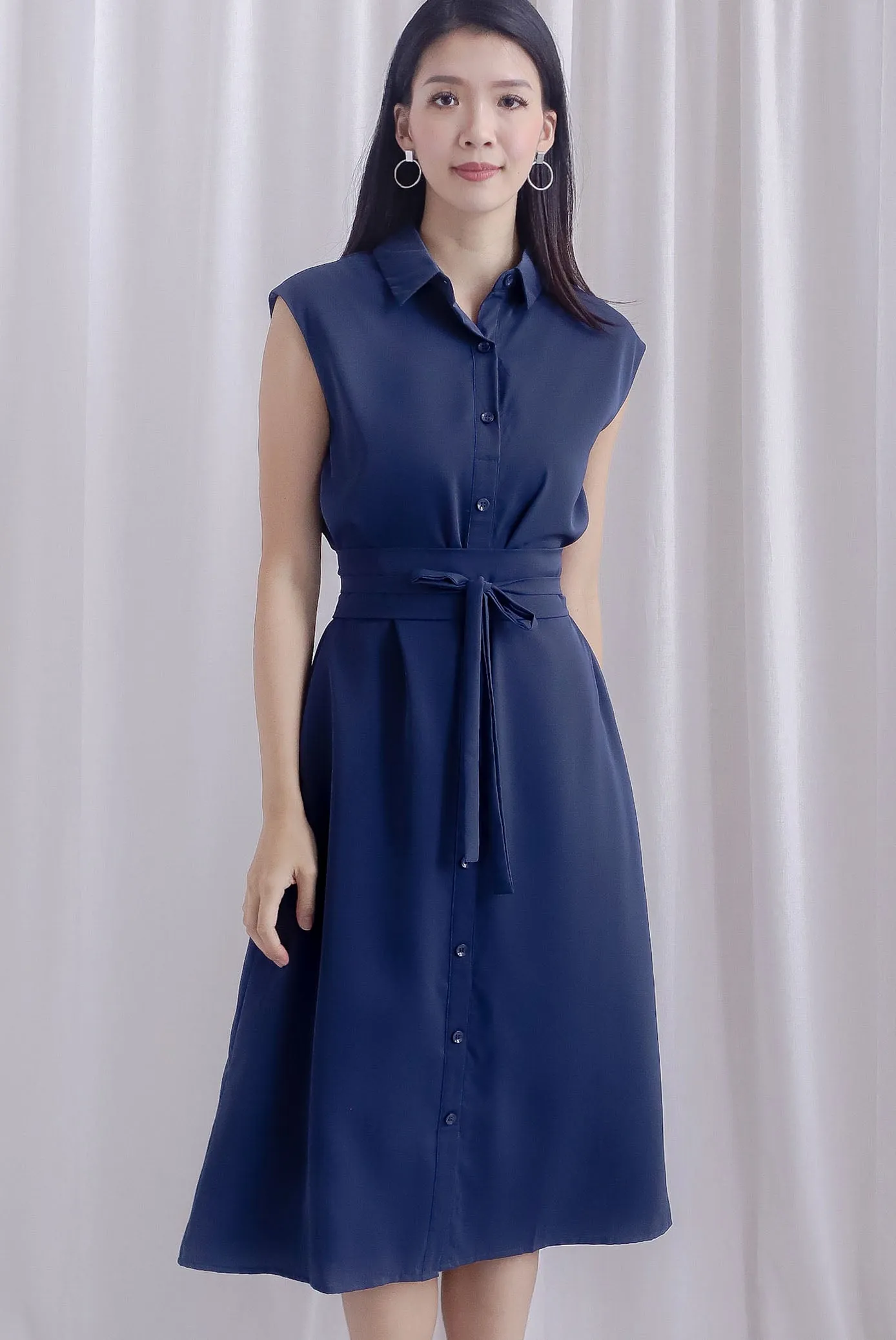 Hande Obi Belt Shirt Dress In Navy Blue