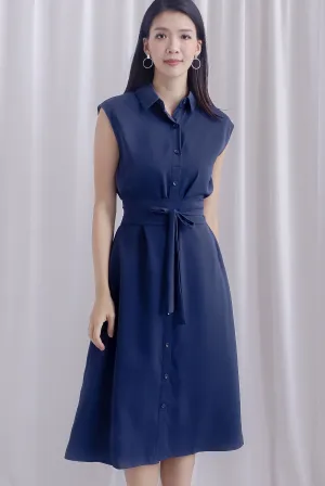Hande Obi Belt Shirt Dress In Navy Blue