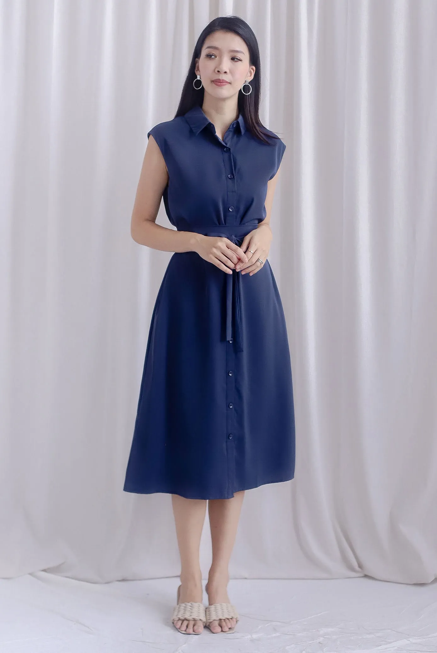 Hande Obi Belt Shirt Dress In Navy Blue