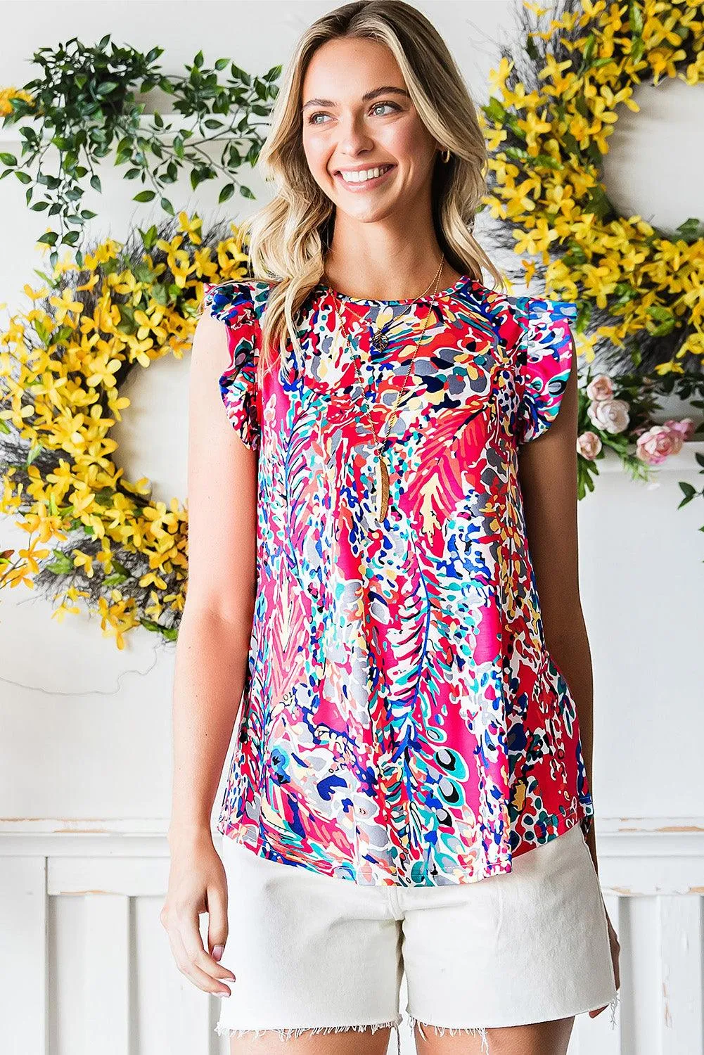 Hazel Blues® | Abstract Print Ruffle Shoulder Top