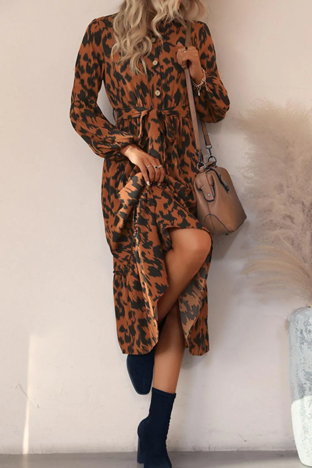 Hazel Blues® | Printed Bubble Sleeve Buttoned Shirt Dress