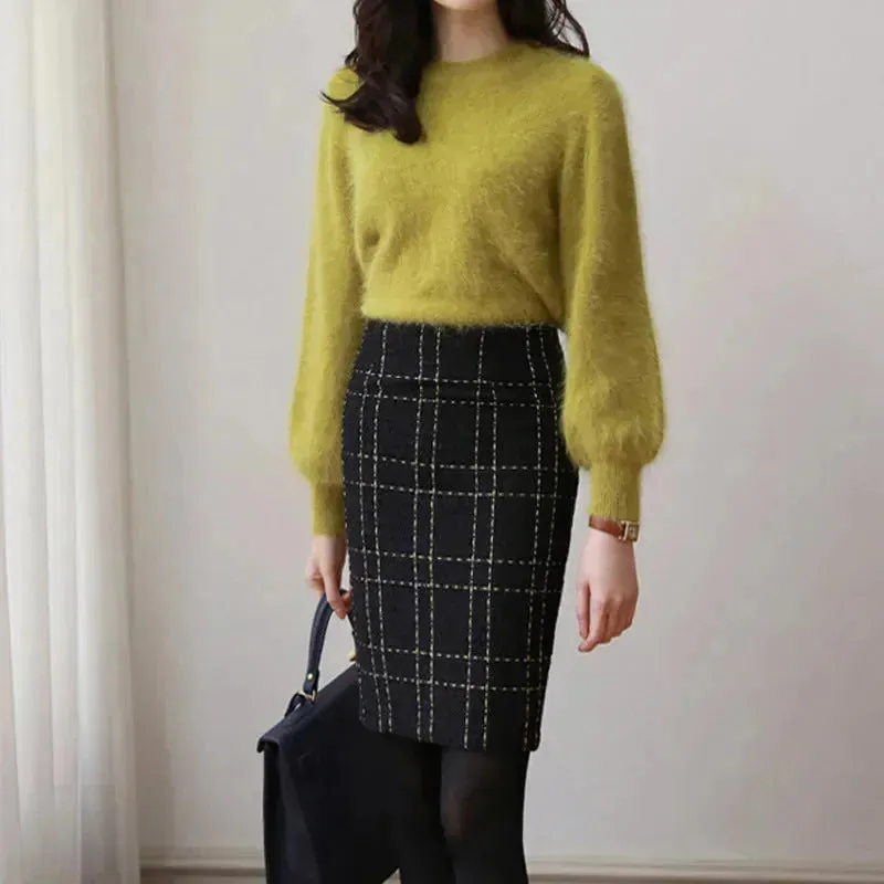 High Waist Black Plaid Sheath A- Line Slimming Woolen Mini Sheath Skirt