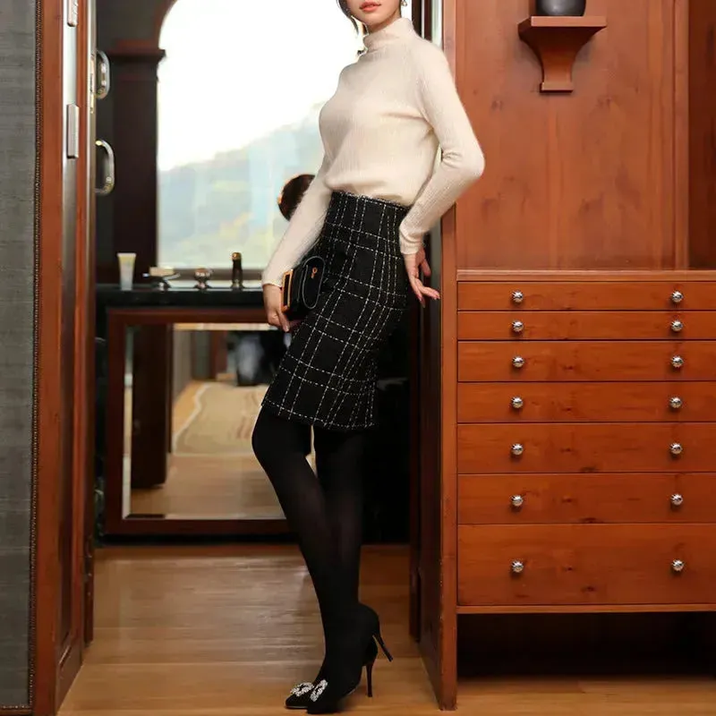 High Waist Black Plaid Sheath A- Line Slimming Woolen Mini Sheath Skirt