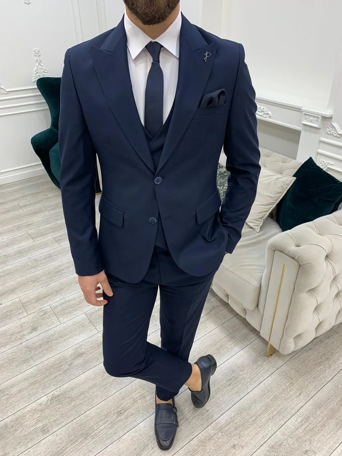 Jake Dark Navy Blue Slim Fit Peak Lapel Suit