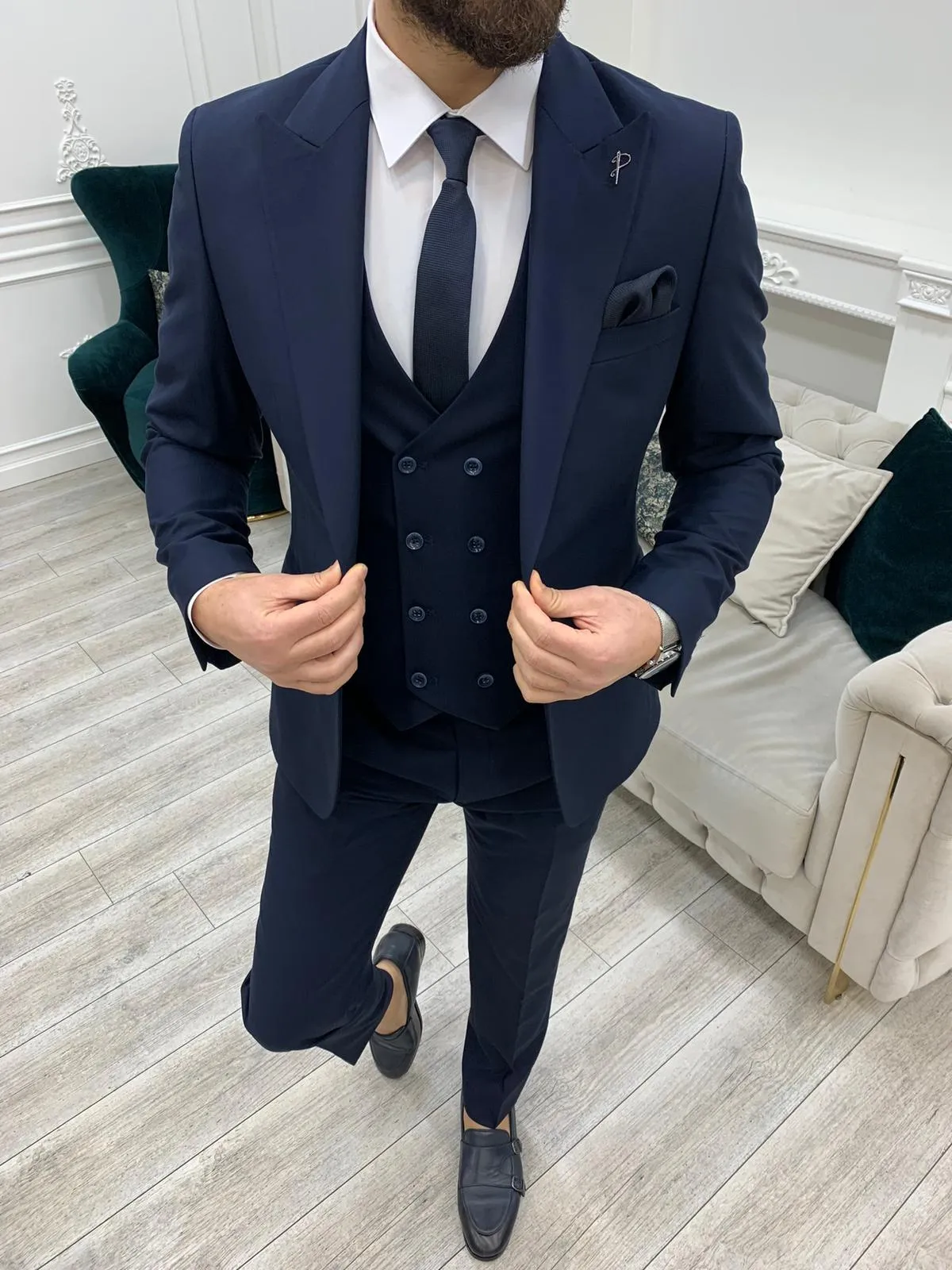 Jake Dark Navy Blue Slim Fit Peak Lapel Suit