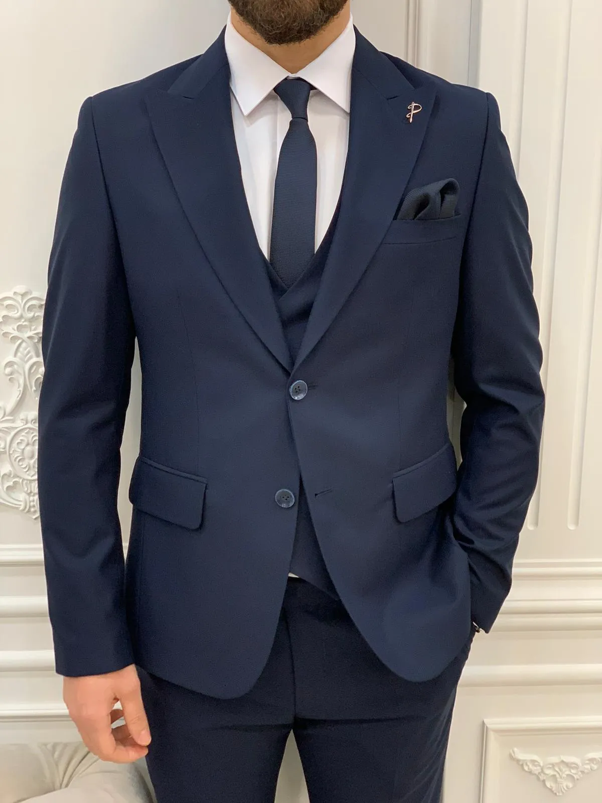 Jake Dark Navy Blue Slim Fit Peak Lapel Suit