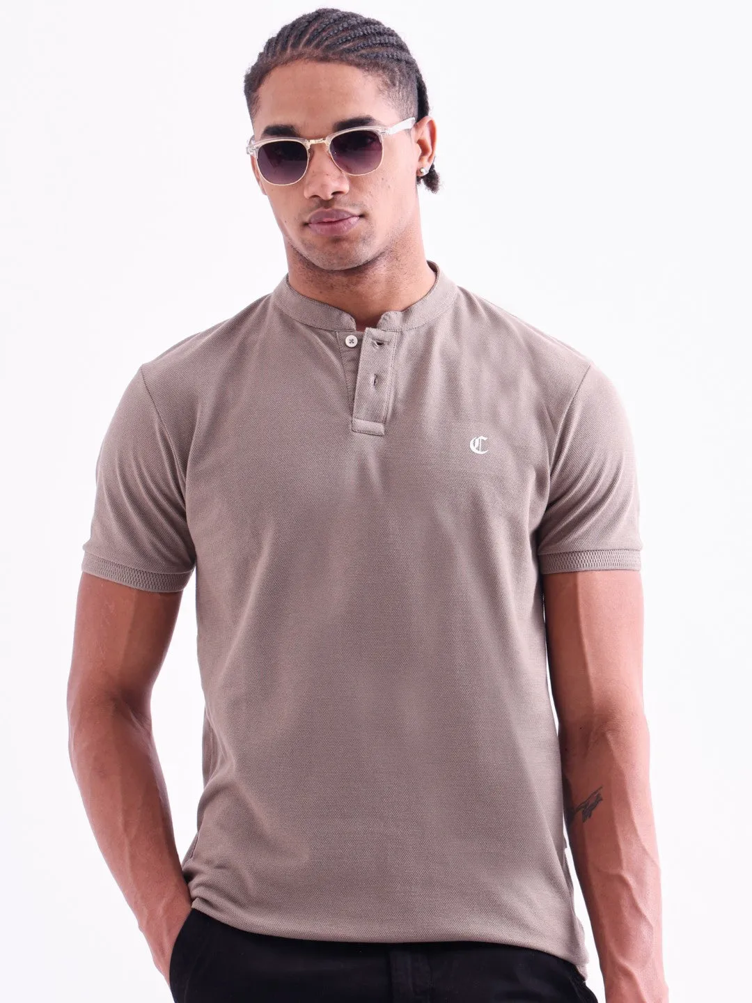 Khaki Plain Band Collar T-Shirt