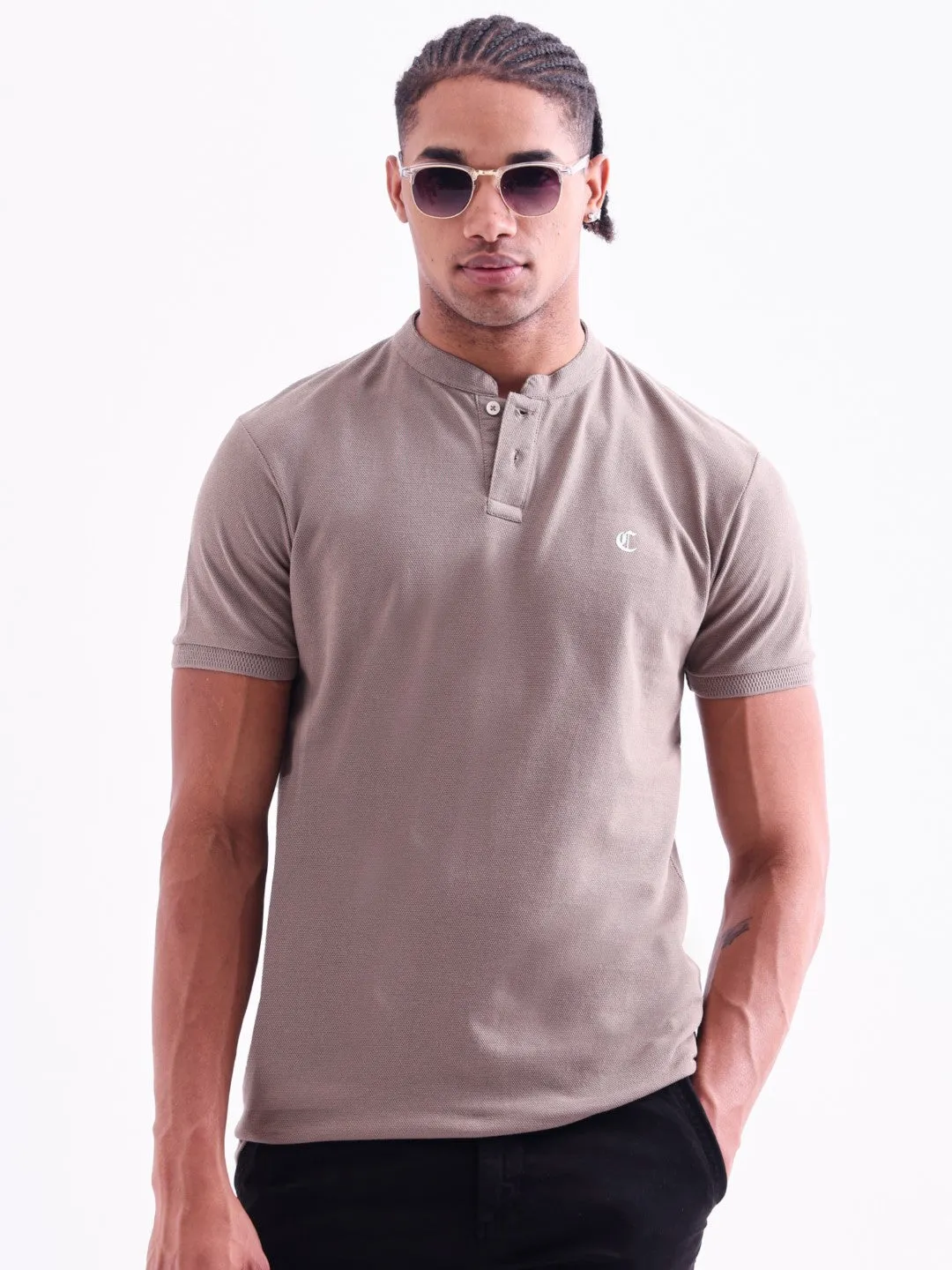 Khaki Plain Band Collar T-Shirt