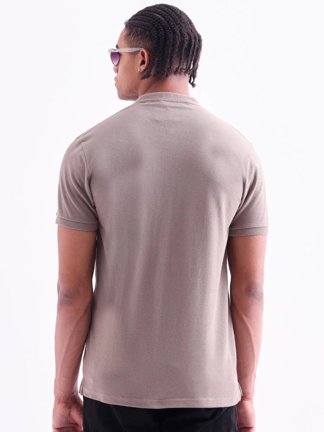 Khaki Plain Band Collar T-Shirt