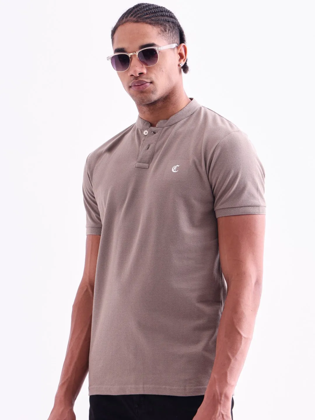 Khaki Plain Band Collar T-Shirt