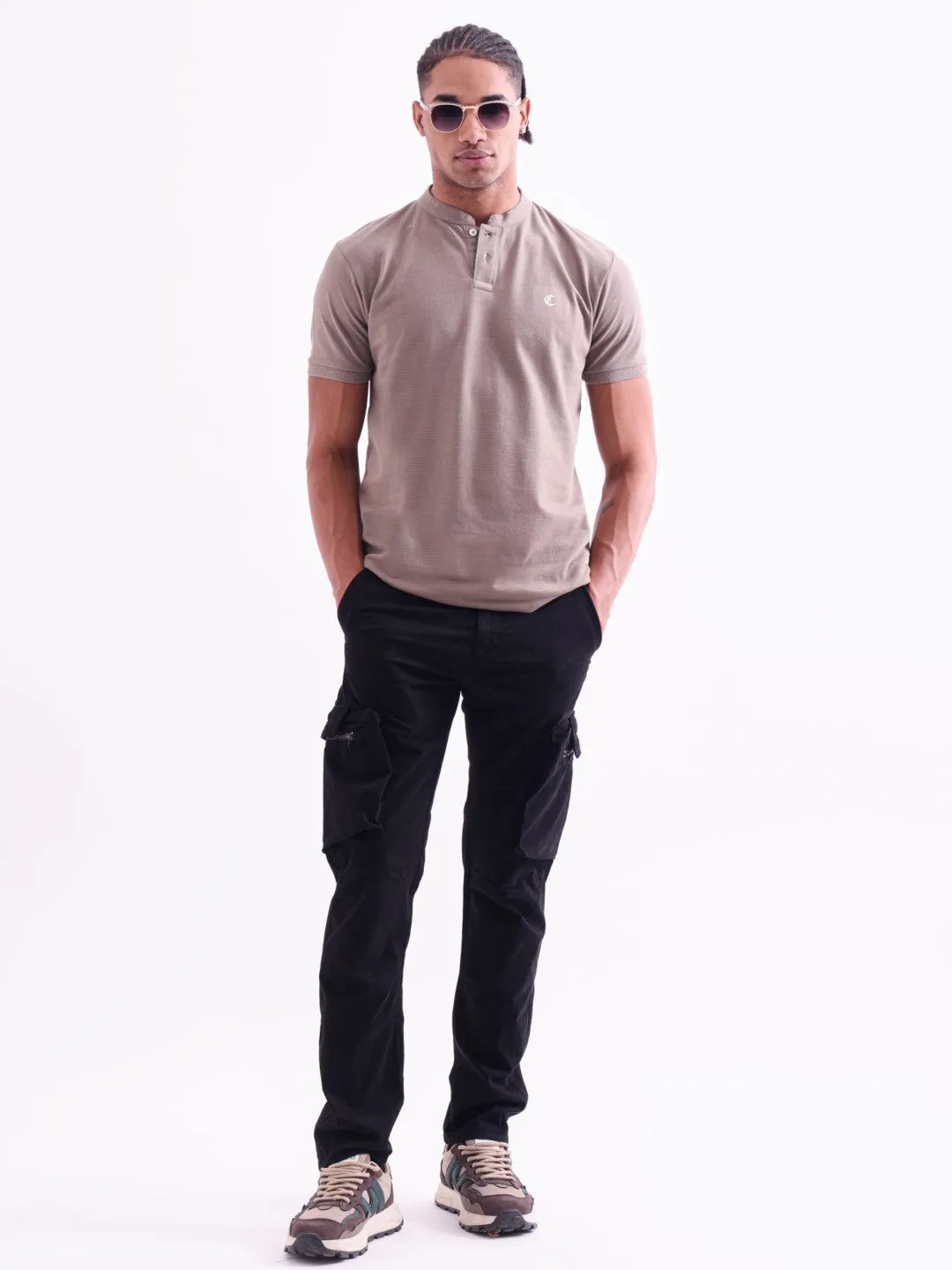 Khaki Plain Band Collar T-Shirt