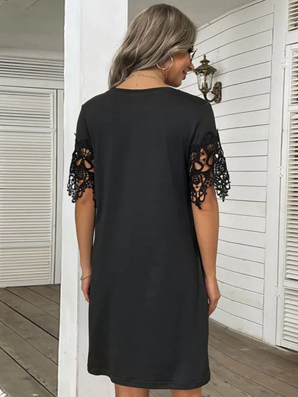 Lace Stitching Short Sleeve T-Shirt Dress with Loose Fit