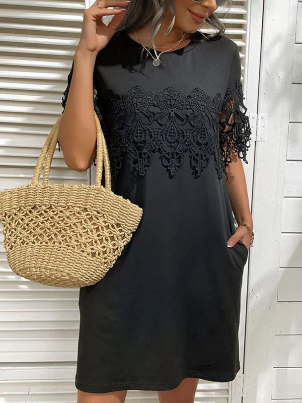 Lace Stitching Short Sleeve T-Shirt Dress with Loose Fit