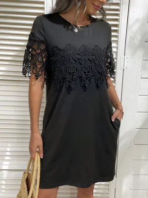 Lace Stitching Short Sleeve T-Shirt Dress with Loose Fit