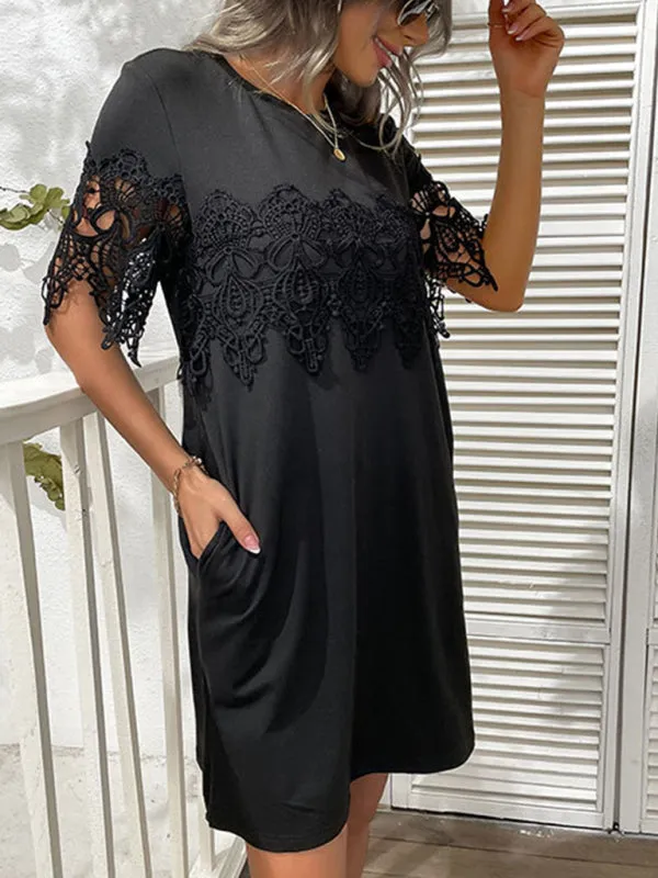 Lace Stitching Short Sleeve T-Shirt Dress with Loose Fit