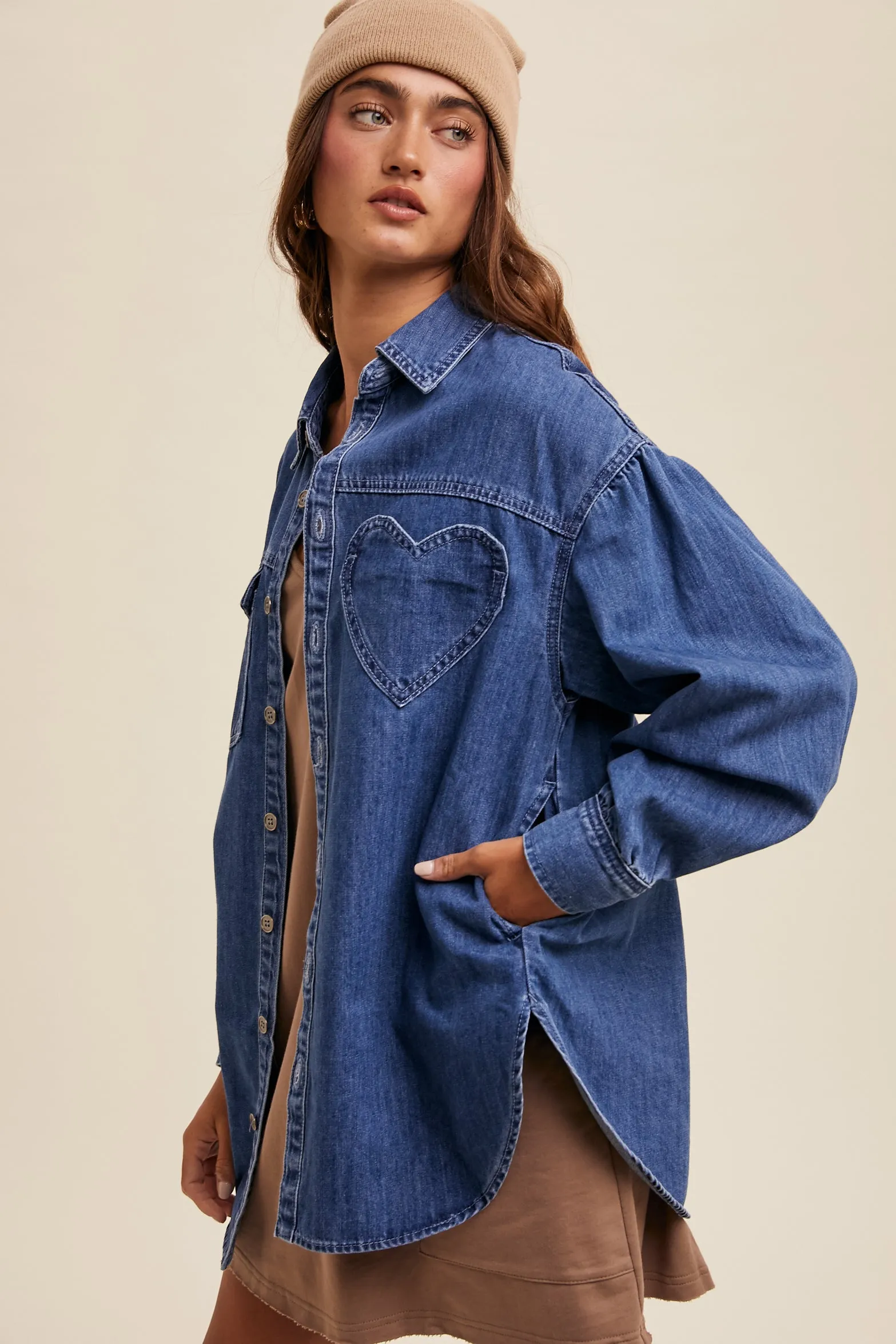 Ladies Listicle Heart Detail Oversized Denim Shirt - LJ0248