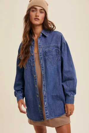 Ladies Listicle Heart Detail Oversized Denim Shirt - LJ0248