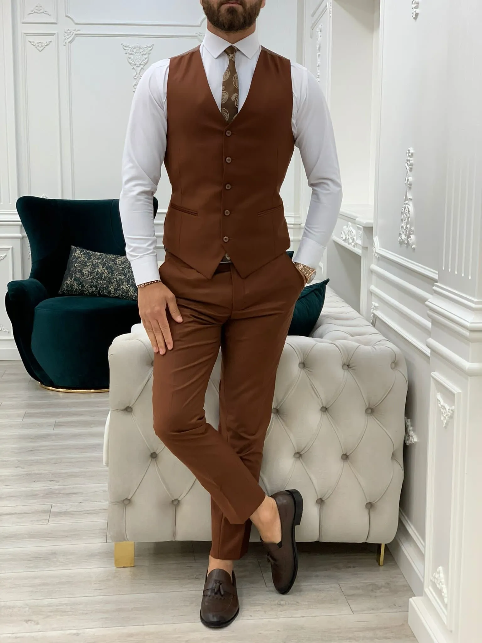 Lance Brown Slim Fit Three-Piece Suit