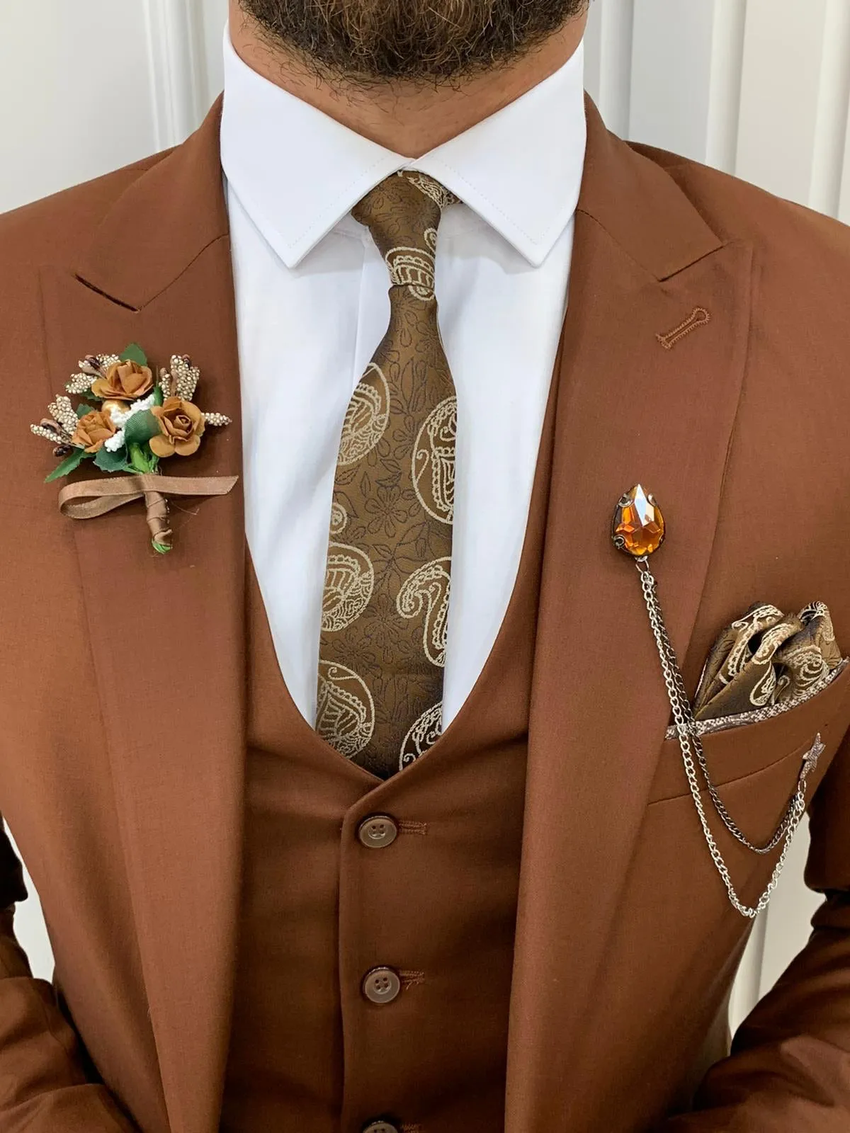 Lance Brown Slim Fit Three-Piece Suit