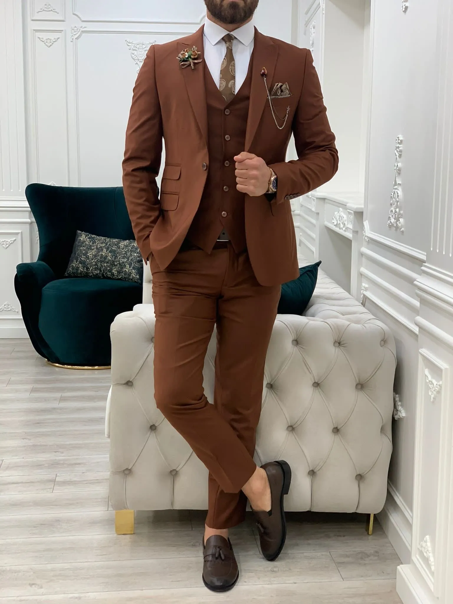 Lance Brown Slim Fit Three-Piece Suit