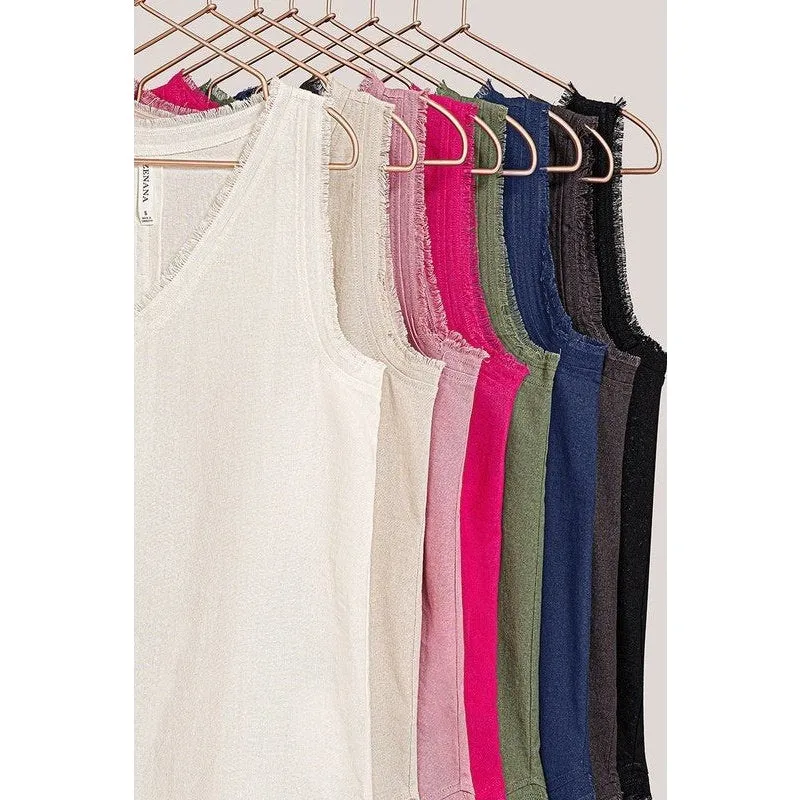 LINEN PRE-WASHED FRAYED EDGE V-NECK SLEEVELESS TOP