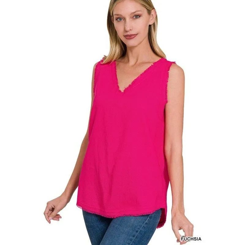 LINEN PRE-WASHED FRAYED EDGE V-NECK SLEEVELESS TOP