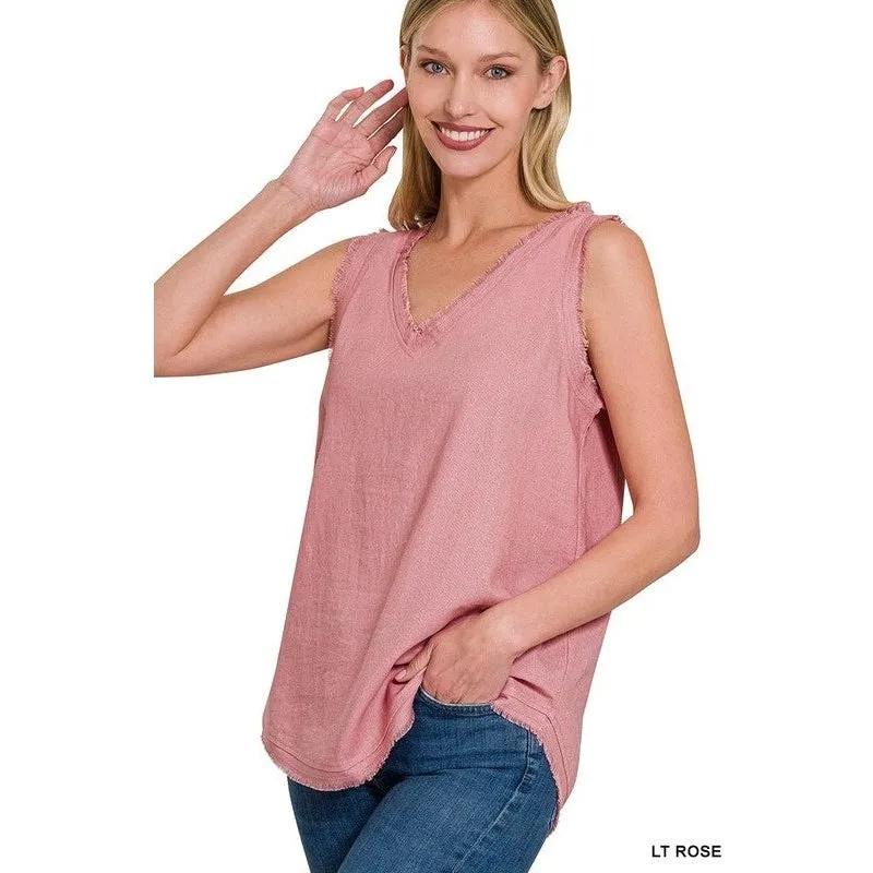 LINEN PRE-WASHED FRAYED EDGE V-NECK SLEEVELESS TOP