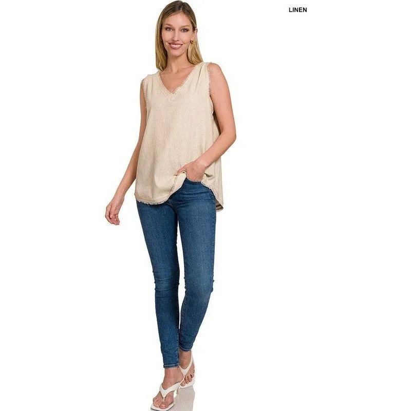 LINEN PRE-WASHED FRAYED EDGE V-NECK SLEEVELESS TOP