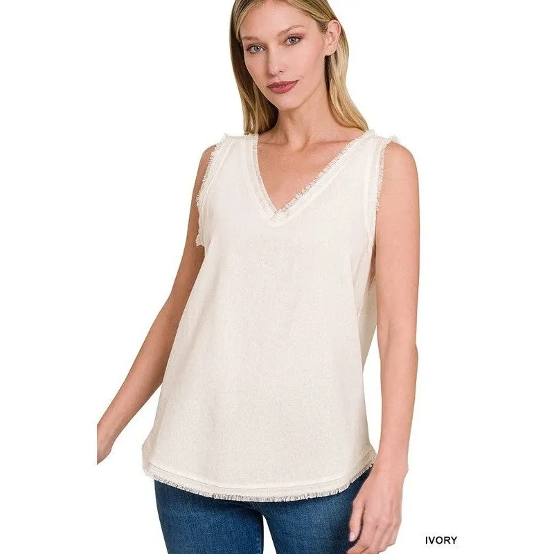 LINEN PRE-WASHED FRAYED EDGE V-NECK SLEEVELESS TOP