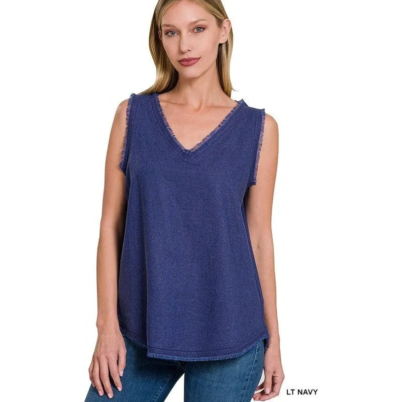 LINEN PRE-WASHED FRAYED EDGE V-NECK SLEEVELESS TOP