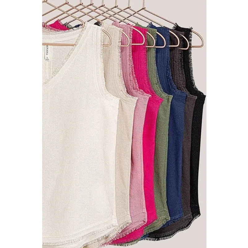 LINEN PRE-WASHED FRAYED EDGE V-NECK SLEEVELESS TOP