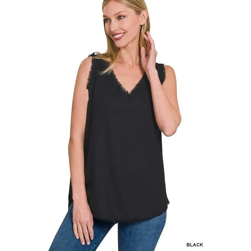 LINEN PRE-WASHED FRAYED EDGE V-NECK SLEEVELESS TOP