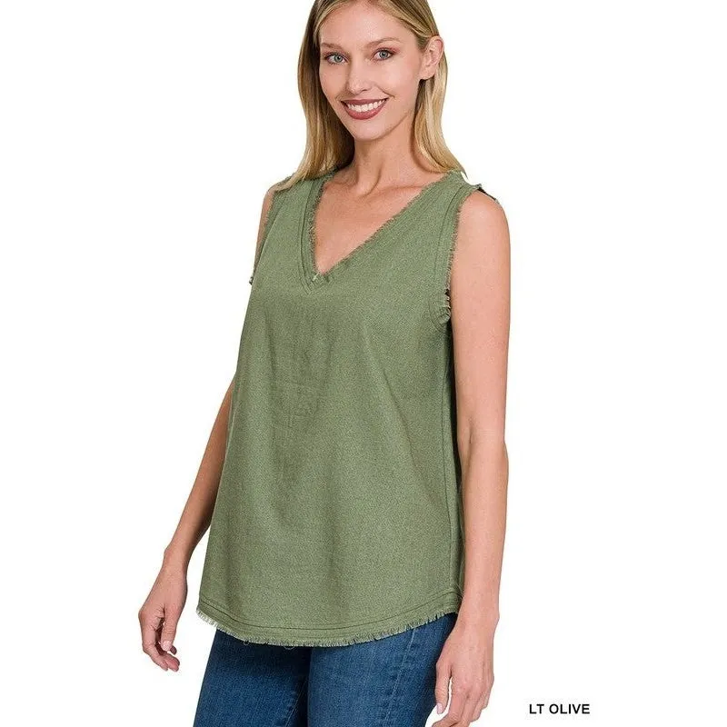 LINEN PRE-WASHED FRAYED EDGE V-NECK SLEEVELESS TOP