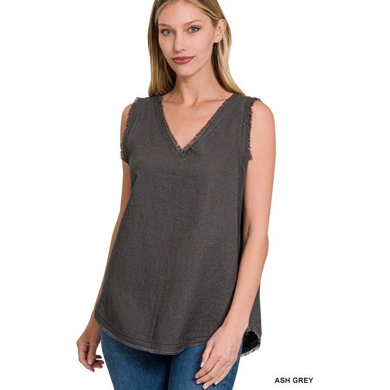 LINEN PRE-WASHED FRAYED EDGE V-NECK SLEEVELESS TOP