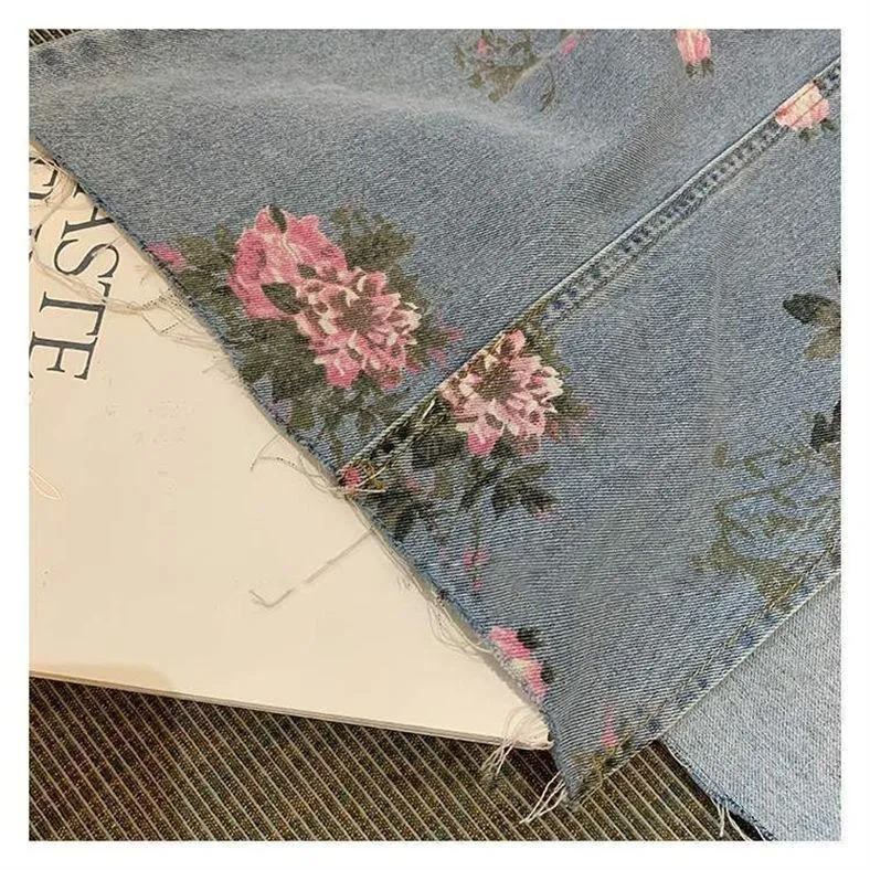 Long Denim Floral Print Skirt