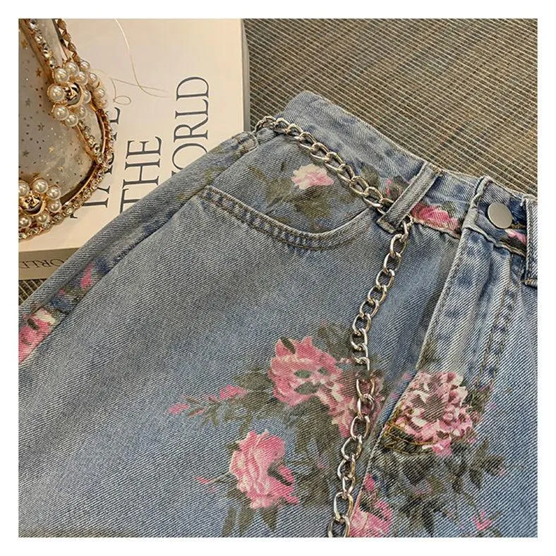 Long Denim Floral Print Skirt