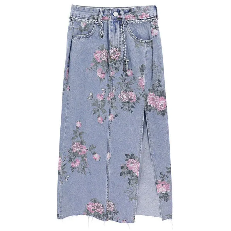 Long Denim Floral Print Skirt