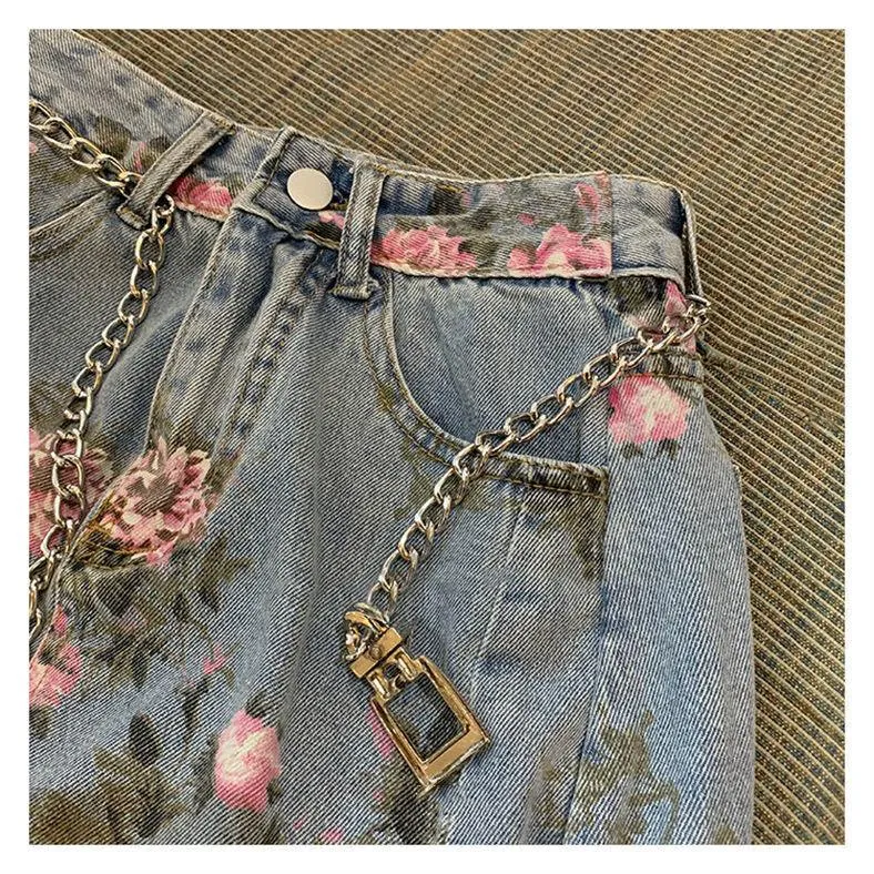Long Denim Floral Print Skirt