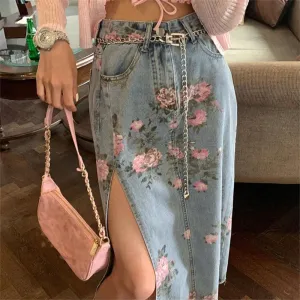 Long Denim Floral Print Skirt