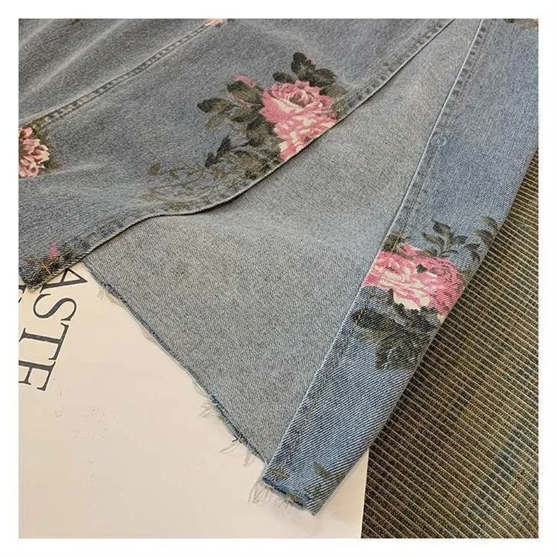 Long Denim Floral Print Skirt