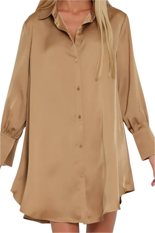 Long Sleeve Button Down Satin Shirt Mini Dress