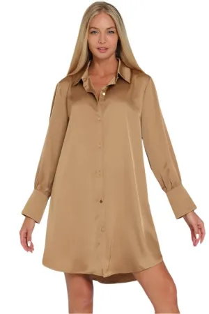 Long Sleeve Button Down Satin Shirt Mini Dress