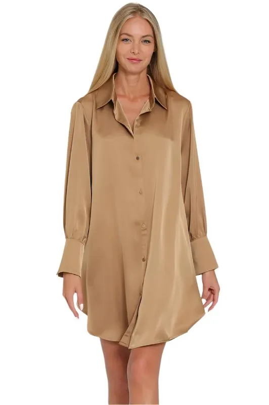 Long Sleeve Button Down Satin Shirt Mini Dress