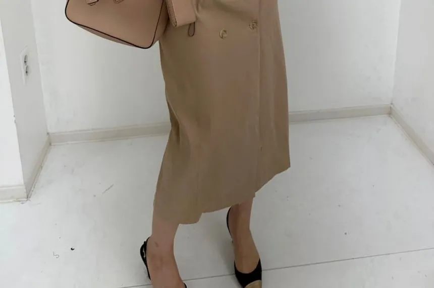 Long-Sleeve Collared  Two Tone Double-Breasted Midi Shirt Dress
