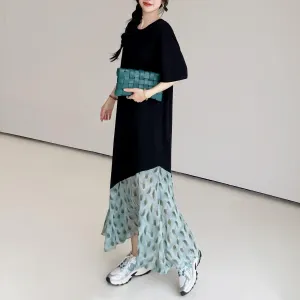 Loose-Fit Floral Maxi Dress Featuring Trendy Patchwork Details