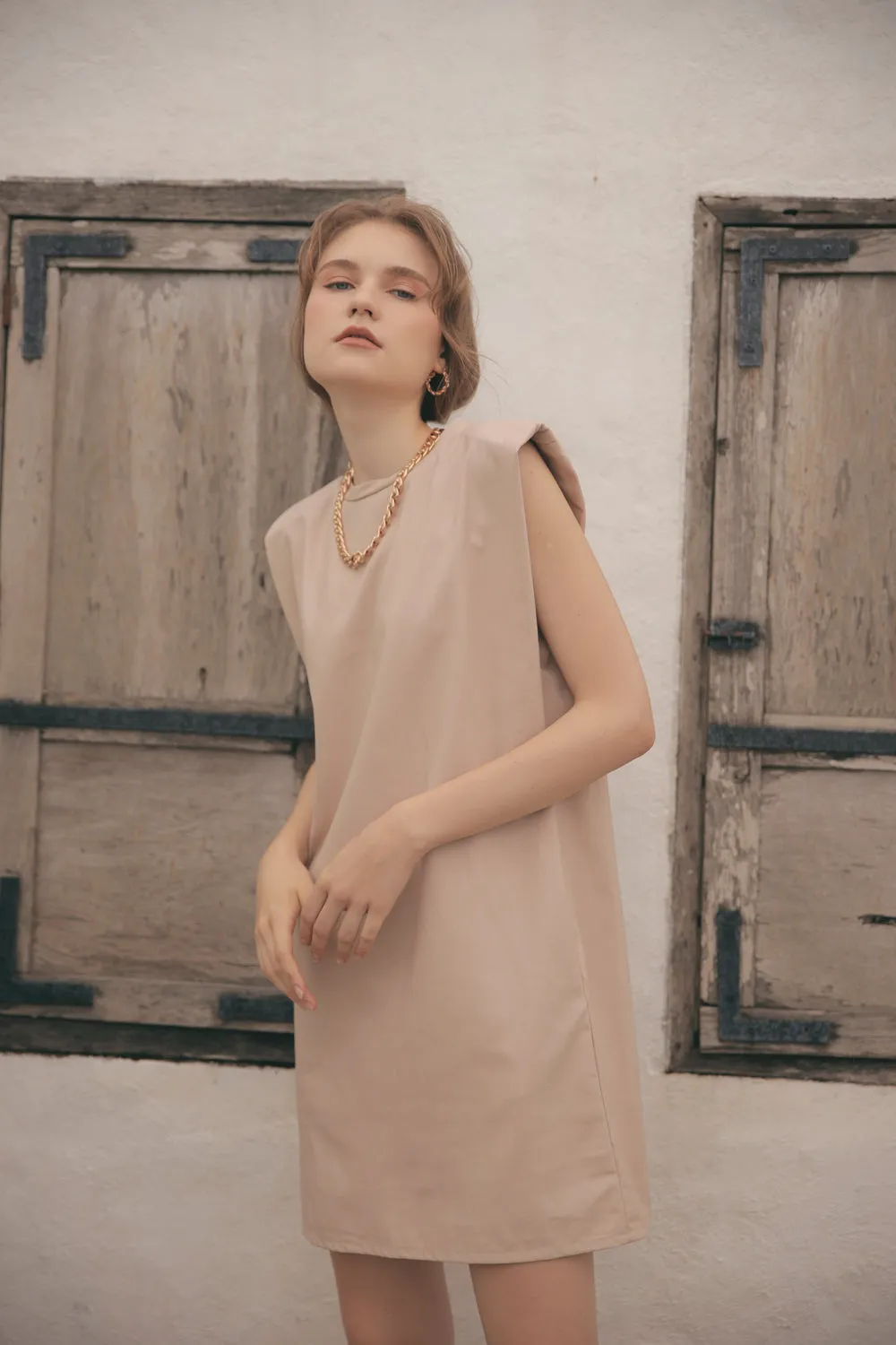 LUCIEN Padded Sleeve Tshirt Dress with Pockets (Nude)